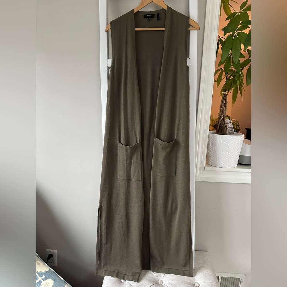 Theory 100% Merino Wool Long Sleeveless Duster Open Cardigan Sweater